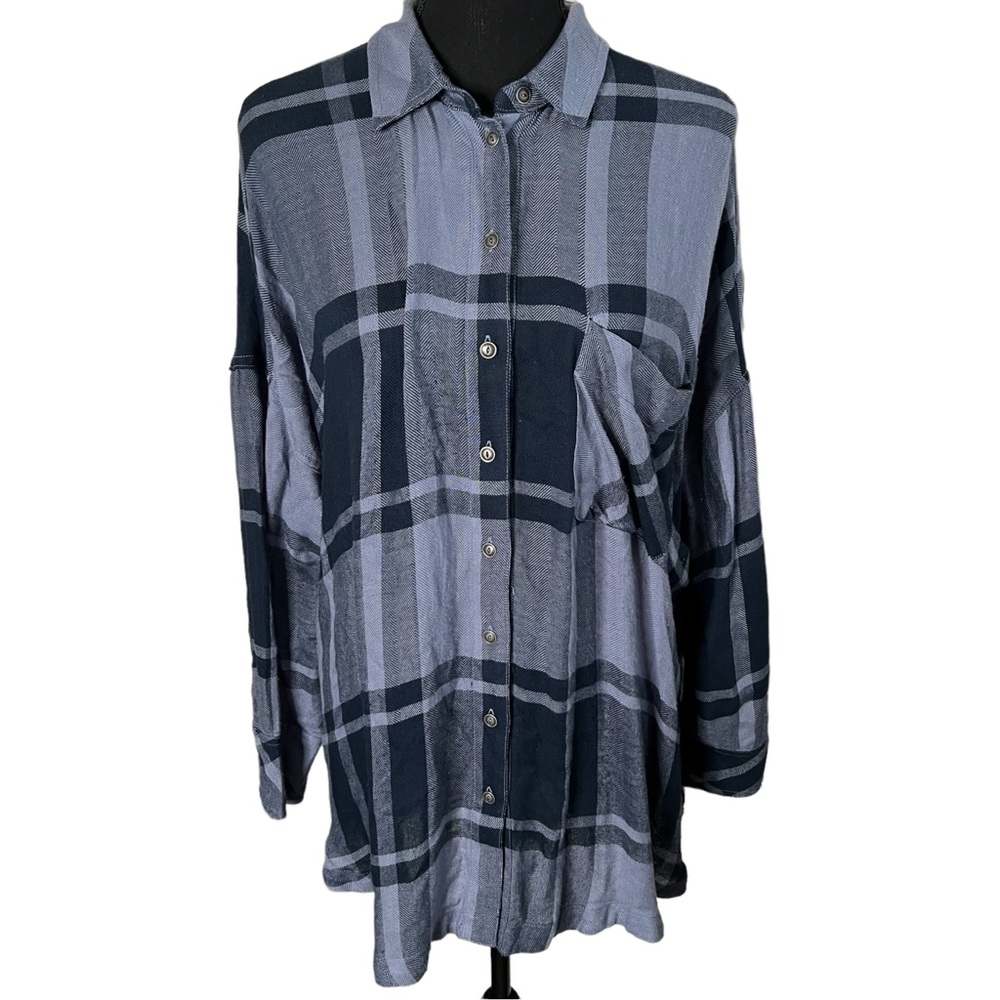 Free People Dark Blue Plaid Rainy Day Oversized Tunic Flannel Small OB649704